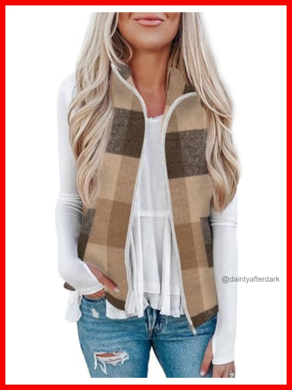 Plaid Sleeveless Zip Up Vest with Pockets Collared Outerwear